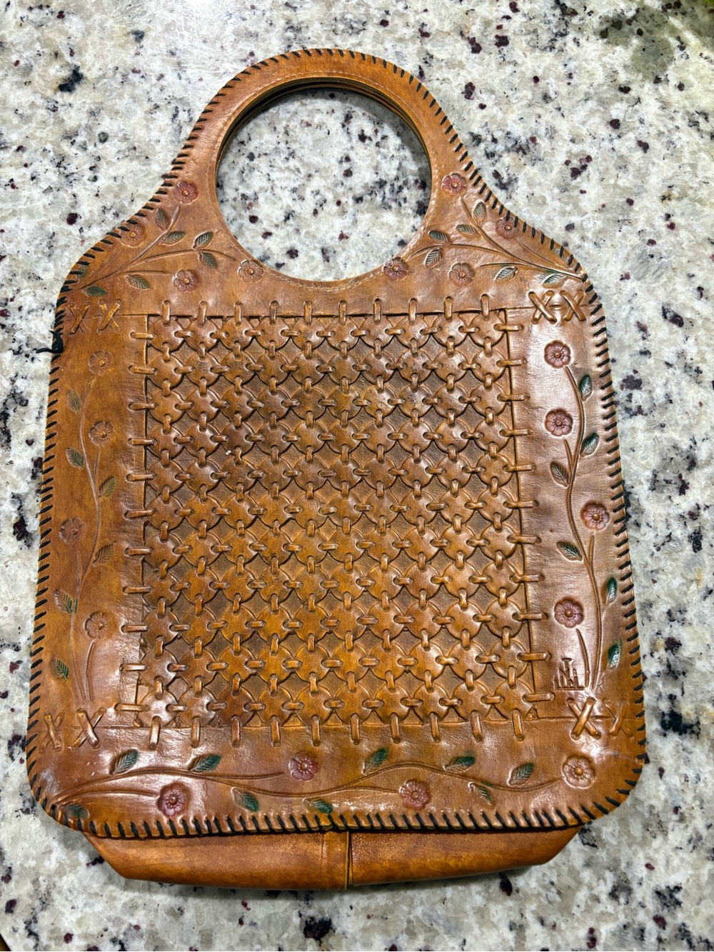 70s Hand-Tooled Vintage Brown Leather Tote Bag with Floral Detail